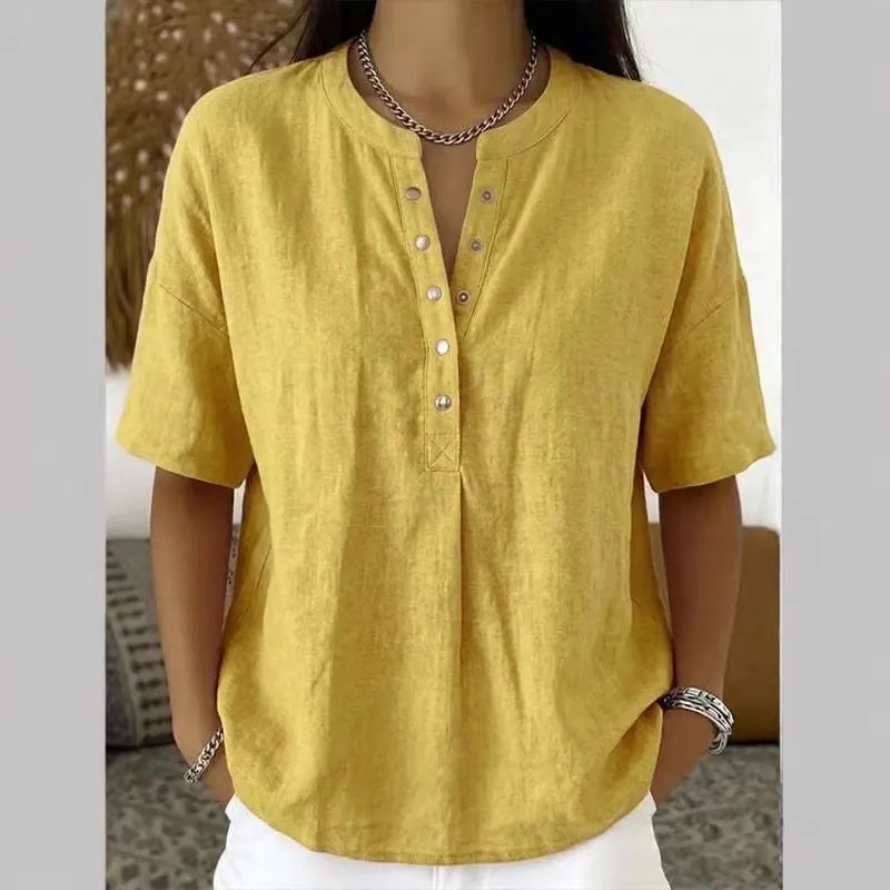Women's Solid-Color Loose-Fit Short-Sleeve Henley Pullover