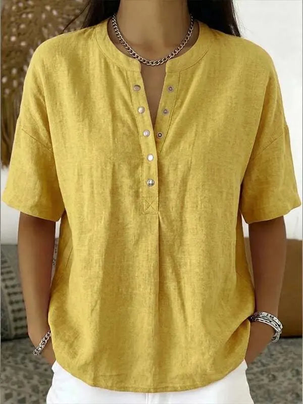 Women's Solid-Color Loose-Fit Short-Sleeve Henley Pullover
