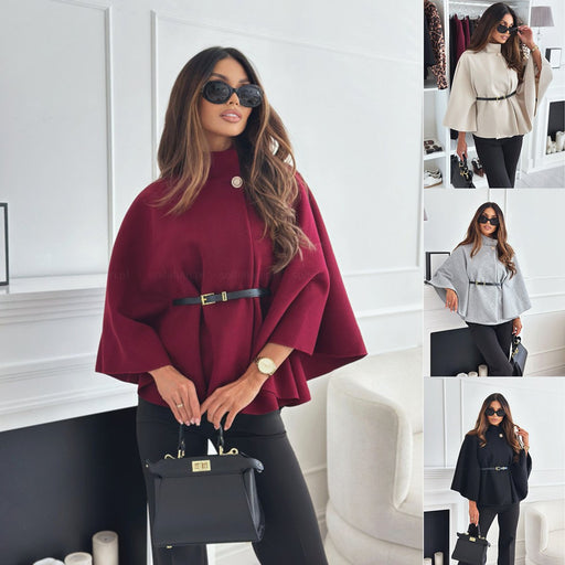 Elegant Solid Color Belted Wool Cape Jacket