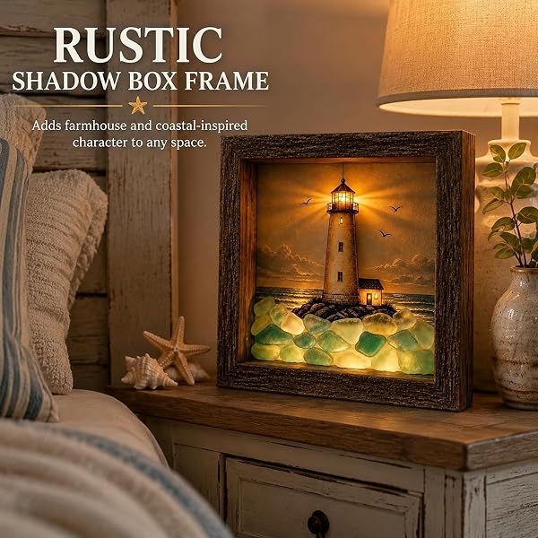 💡Handcrafted: 3D Coastal Lighthouse & Sea Glass Shadow Box Night Light