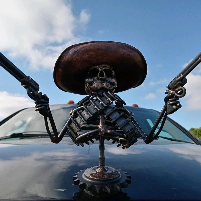 Handmade Cast Cowboy Skull Gunslinger Hood Ornament Sculpture