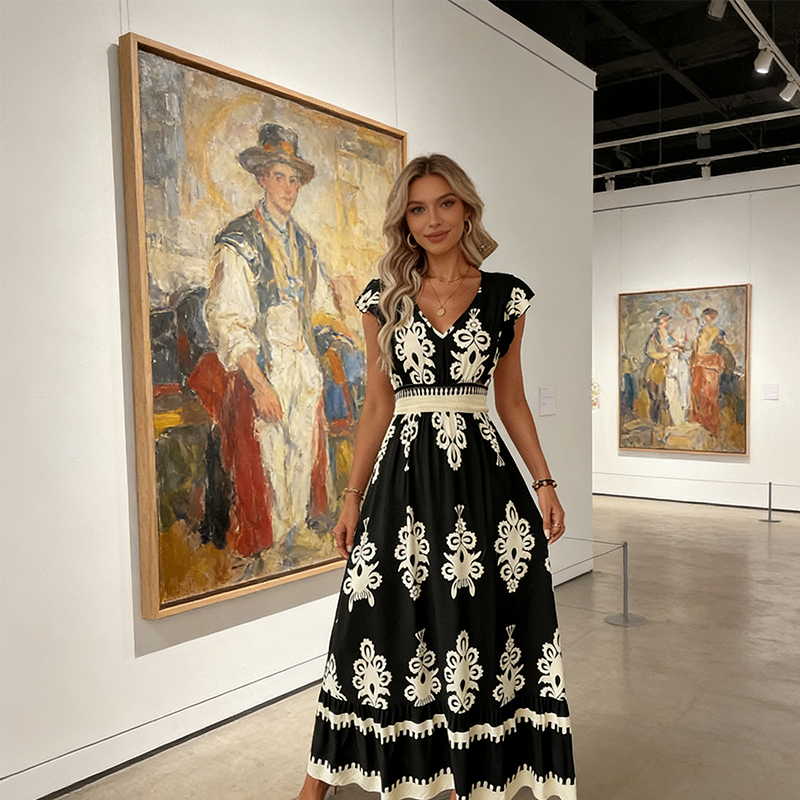 👗New arrival 40% OFF!🏖️Women's V-Neck Baroque Print Flowy Maxi Dress